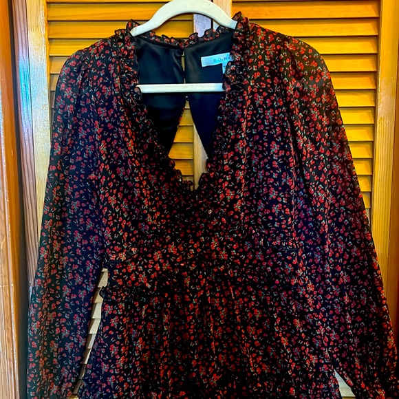 Row A Flounce Long Sleeve Godet Floral Dress - Women's Size M, Black/Red - Picture 2 of 6